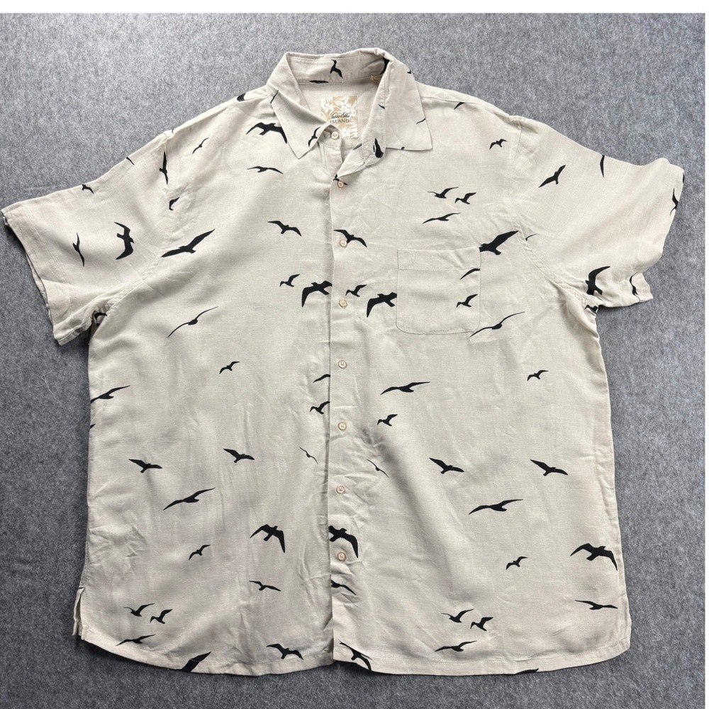 Tasso Elba Island‎ Mens Silk Linen Shirt 2XLT Bird Print Short Sleeve Button Up
